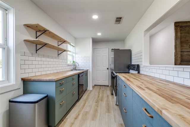 kitchen featuring wood counters, backsplash, sink, electric stove, and dishwasher