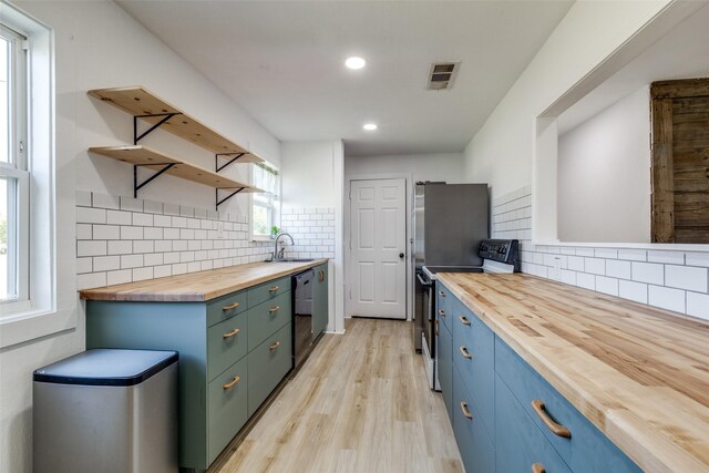 kitchen featuring backsplash, light hardwood / wood-style floors, butcher block counters, and black dishwasher