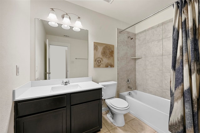 full bathroom featuring vanity, shower / bath combination with curtain, tile patterned floors, and toilet