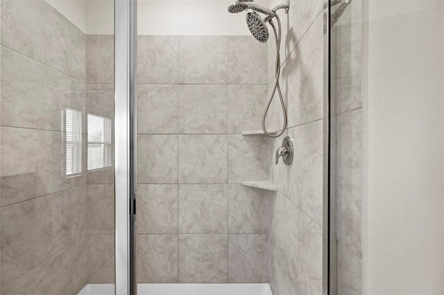 bathroom featuring a shower with shower door