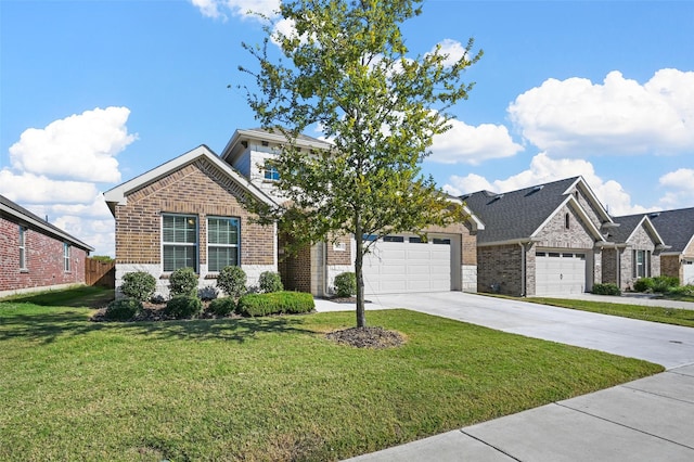 view of front of house with a front yard and a garage