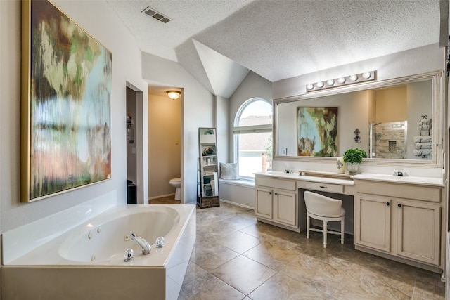 full bathroom featuring plus walk in shower, a textured ceiling, toilet, lofted ceiling, and vanity