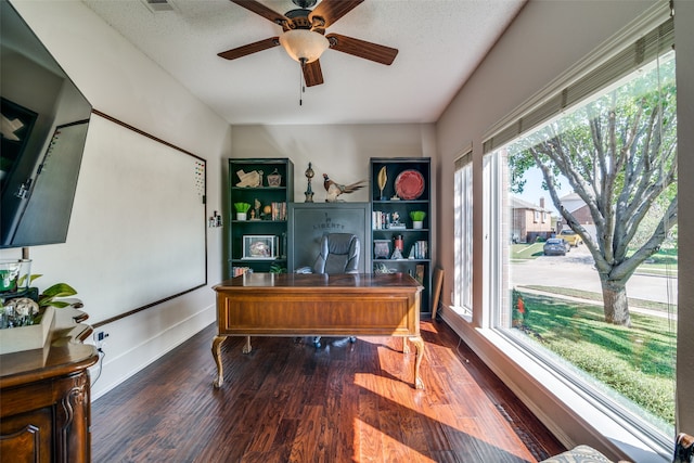 home office featuring dark hardwood / wood-style flooring, a textured ceiling, and plenty of natural light