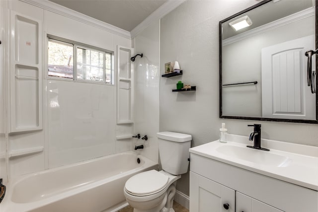 full bathroom with vanity, ornamental molding, toilet, and shower / bathtub combination