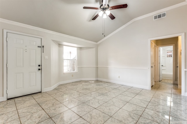 entrance foyer featuring crown molding, vaulted ceiling, and ceiling fan