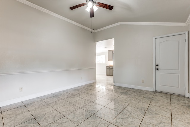 tiled spare room with ceiling fan, ornamental molding, and lofted ceiling