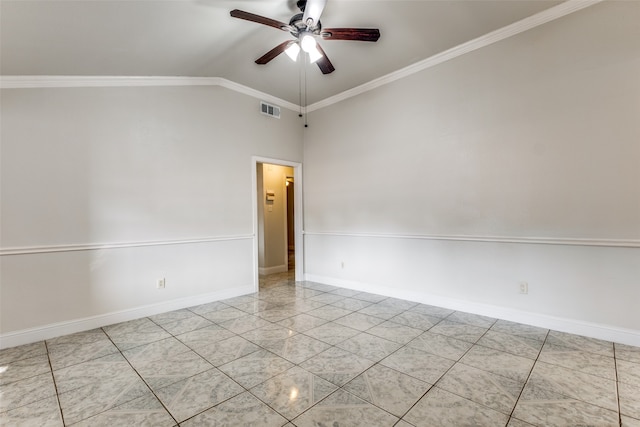 empty room featuring crown molding, vaulted ceiling, and ceiling fan