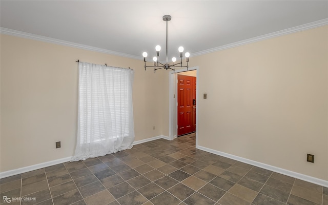 unfurnished dining area with baseboards, a chandelier, and crown molding