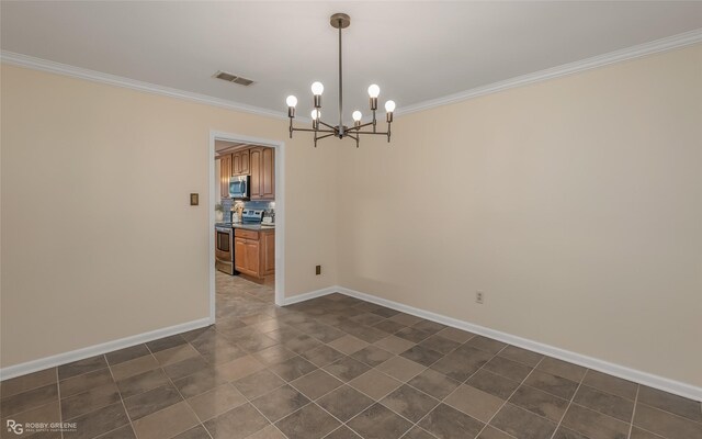 unfurnished dining area featuring baseboards, visible vents, a chandelier, and ornamental molding