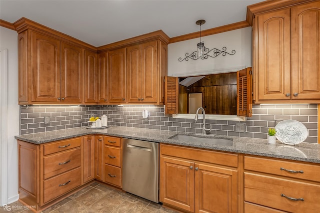 kitchen featuring stainless steel dishwasher, brown cabinets, stone countertops, and a sink