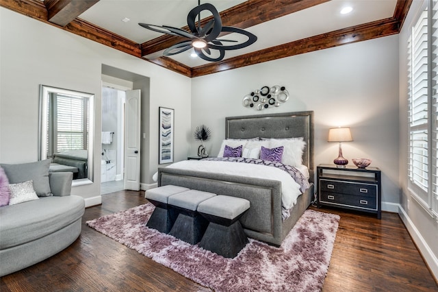 bedroom with beamed ceiling, ceiling fan, dark hardwood / wood-style flooring, and ensuite bathroom