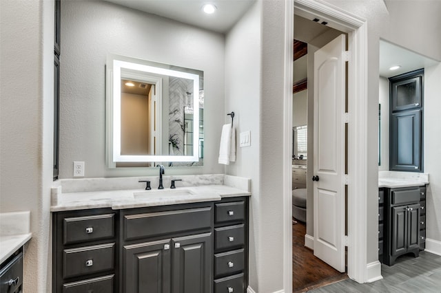 bathroom featuring hardwood / wood-style flooring and vanity