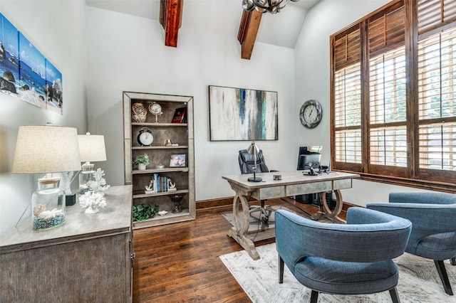 office with vaulted ceiling with beams and dark hardwood / wood-style floors