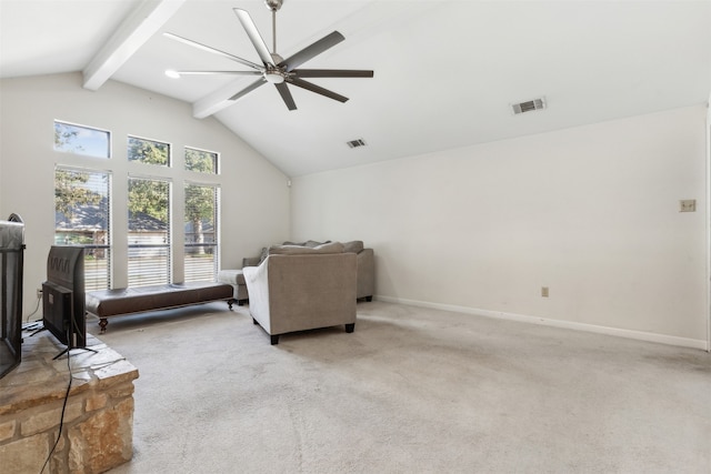 living room featuring beam ceiling, light colored carpet, high vaulted ceiling, and ceiling fan