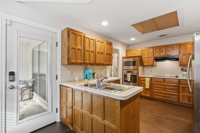 kitchen featuring sink, dark wood-type flooring, appliances with stainless steel finishes, and kitchen peninsula