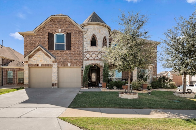 french country inspired facade featuring a garage and a front lawn