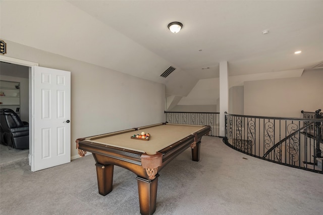 recreation room featuring light carpet, billiards, and vaulted ceiling