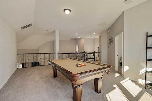 recreation room featuring lofted ceiling, light colored carpet, and billiards