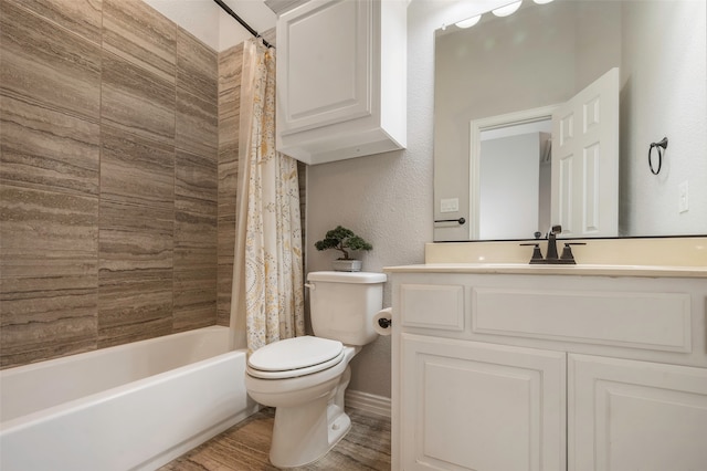 full bathroom featuring vanity, shower / tub combo, wood-type flooring, and toilet