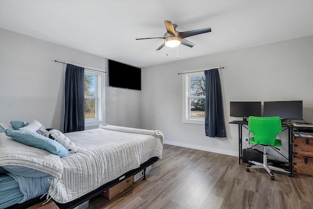 bedroom featuring ceiling fan, hardwood / wood-style flooring, and multiple windows