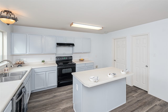 kitchen with sink, dark wood-type flooring, stainless steel dishwasher, black / electric stove, and a kitchen island