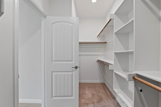 walk in closet featuring light carpet