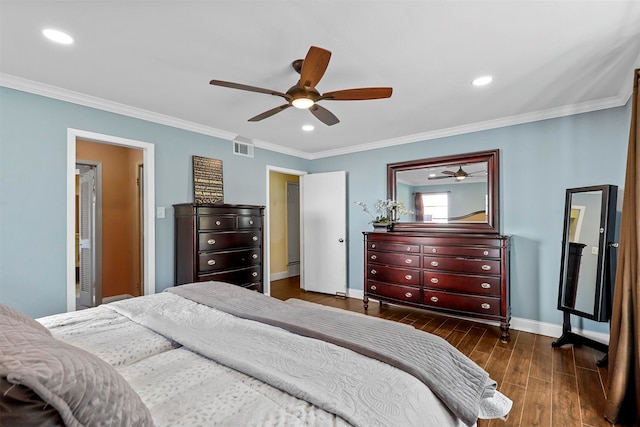 bedroom with ceiling fan and ornamental molding