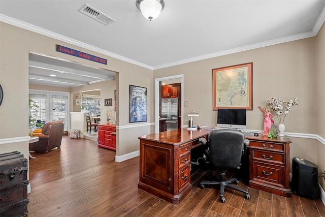 office space featuring dark hardwood / wood-style floors and crown molding