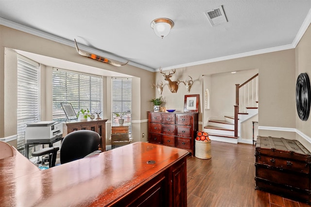 office area with dark hardwood / wood-style floors and ornamental molding