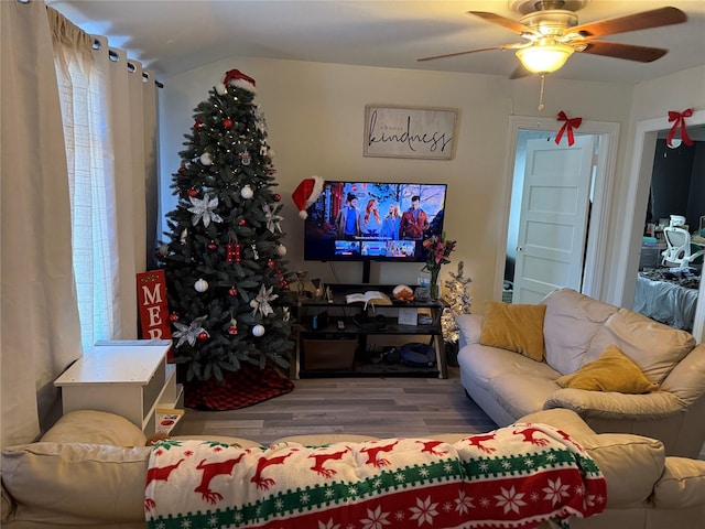 living room with ceiling fan and hardwood / wood-style floors