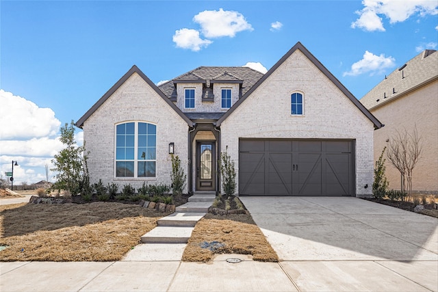 french country home with driveway, roof with shingles, a garage, and brick siding