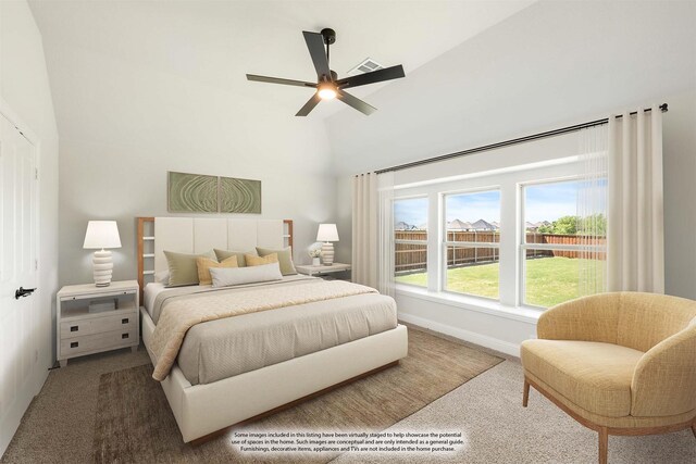 bedroom with carpet floors, visible vents, baseboards, ceiling fan, and high vaulted ceiling