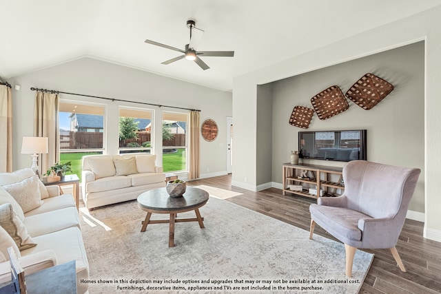 living room with vaulted ceiling, wood-type flooring, and ceiling fan