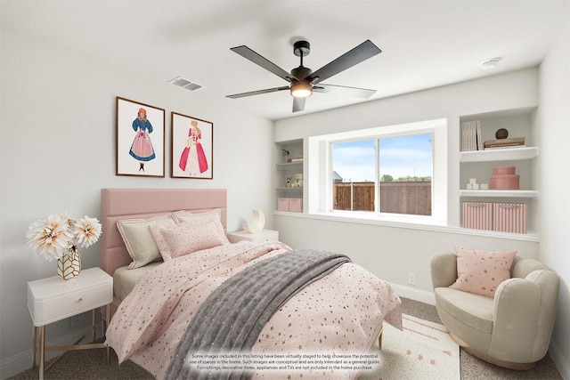 bedroom featuring visible vents, carpet, baseboards, and ceiling fan