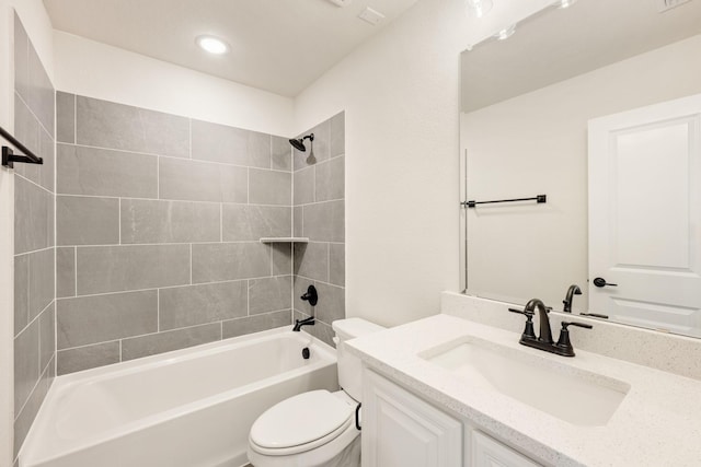 full bathroom with toilet, recessed lighting, shower / tub combination, and vanity