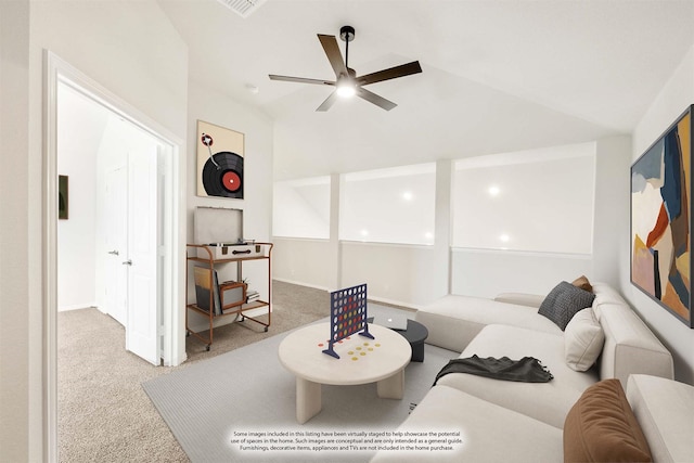 living room featuring carpet flooring, ceiling fan, and lofted ceiling