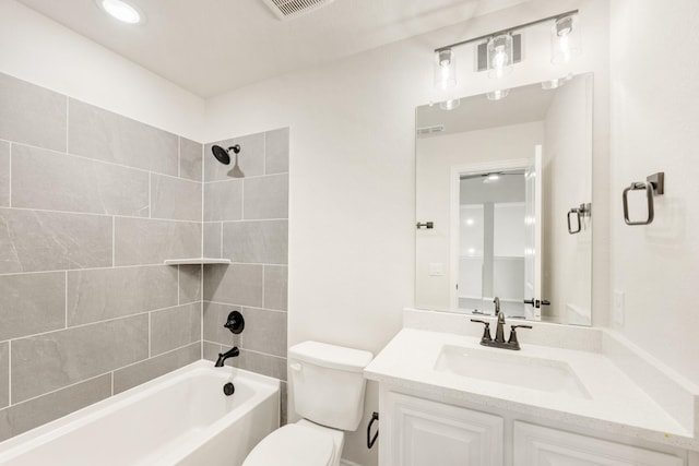 bathroom featuring vanity, tub / shower combination, visible vents, and toilet