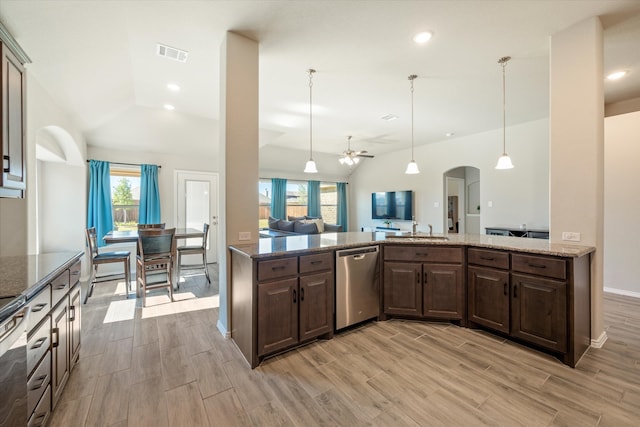 kitchen with a wealth of natural light, light hardwood / wood-style flooring, and stainless steel dishwasher