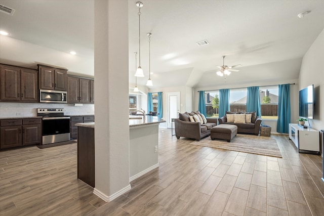 kitchen featuring appliances with stainless steel finishes, dark brown cabinets, light hardwood / wood-style flooring, and ceiling fan