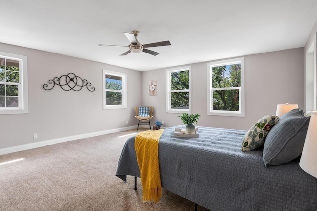 bedroom featuring baseboards, ceiling fan, multiple windows, and carpet
