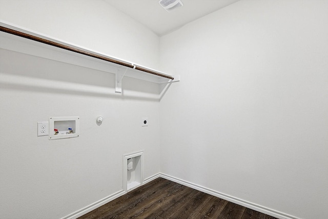 11120 W Pond Dr, Providence Village, TX 76227 - laundry room with hookup for a gas dryer, hookup for an electric dryer, dark wood-style floors, washer hookup, and baseboards