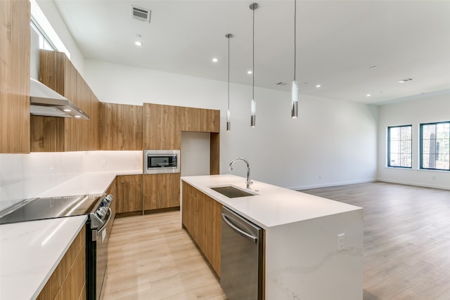 kitchen featuring sink, an island with sink, stainless steel appliances, and light hardwood / wood-style floors