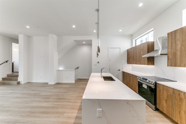 kitchen with a kitchen island with sink, stainless steel electric stove, sink, ventilation hood, and light hardwood / wood-style floors