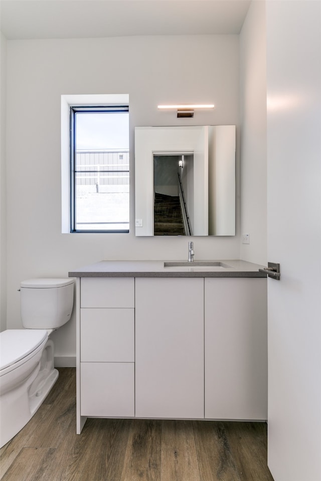 bathroom featuring vanity, toilet, and wood-type flooring