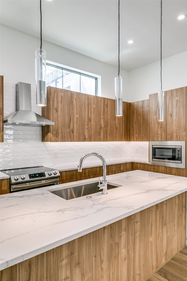 kitchen featuring tasteful backsplash, stainless steel appliances, sink, wall chimney exhaust hood, and decorative light fixtures