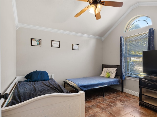 bedroom featuring ceiling fan, ornamental molding, lofted ceiling, and dark tile patterned floors