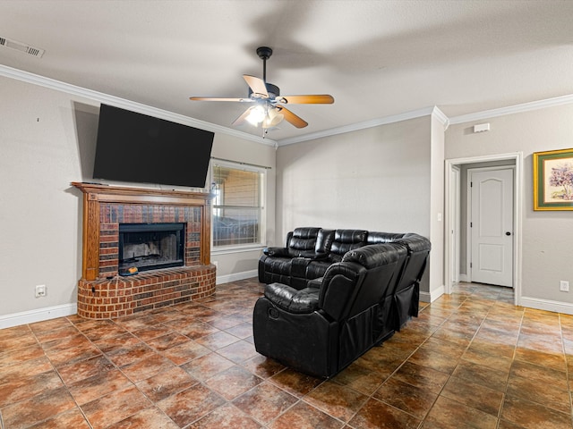 living room with ceiling fan, ornamental molding, and a fireplace