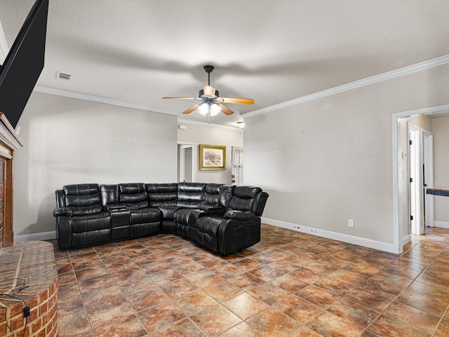 living room with ornamental molding and ceiling fan