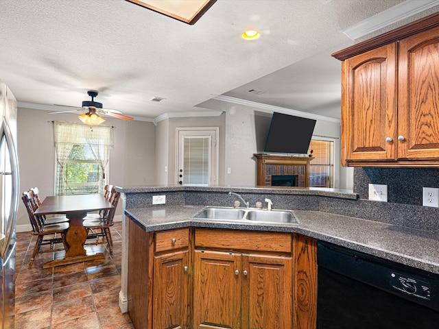 kitchen featuring black dishwasher, ceiling fan, a textured ceiling, crown molding, and sink