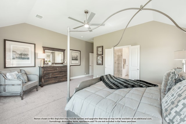 bedroom featuring ceiling fan, lofted ceiling, and light colored carpet